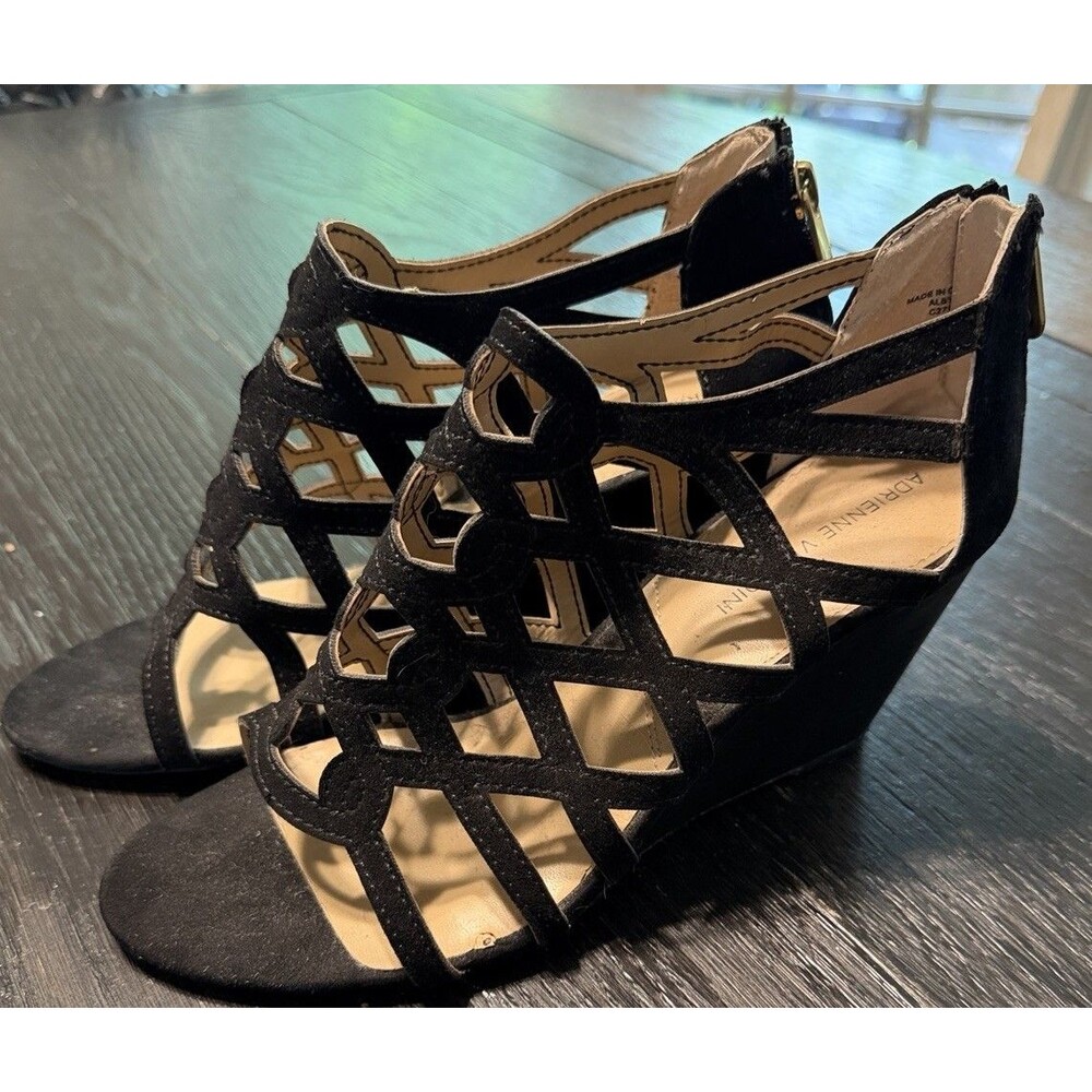 Adrienne Vittadini Black Suede Albi Wedge Sandal Women’s Size 9